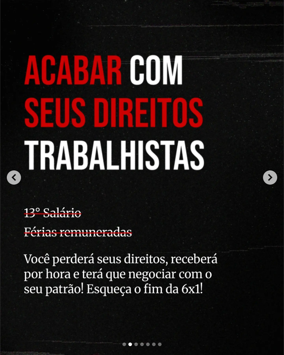 Slide do carrossel analisado com 13º salário e férias remuneradas riscados. Reprodução para análise crítica.