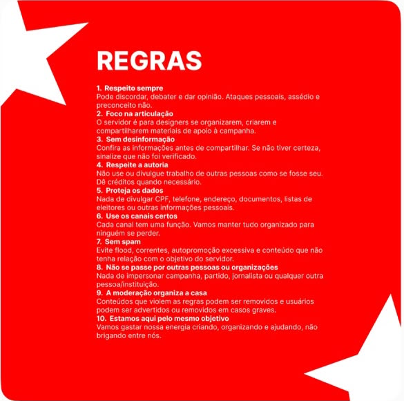 Quadro de regras do servidor, incluindo proibição de desinformação e orientação para conferir informações.